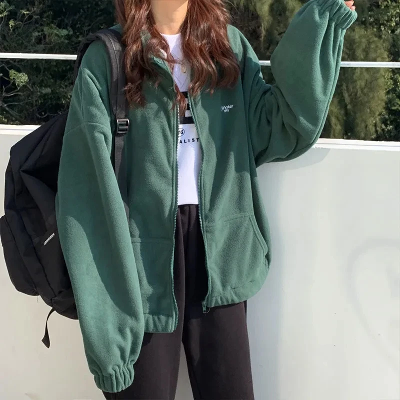 

Sweater women autumn and winter zipper polar fleece thick loose cardigan jacket Hoodies Harajuku long-sleeved hooded Oversized