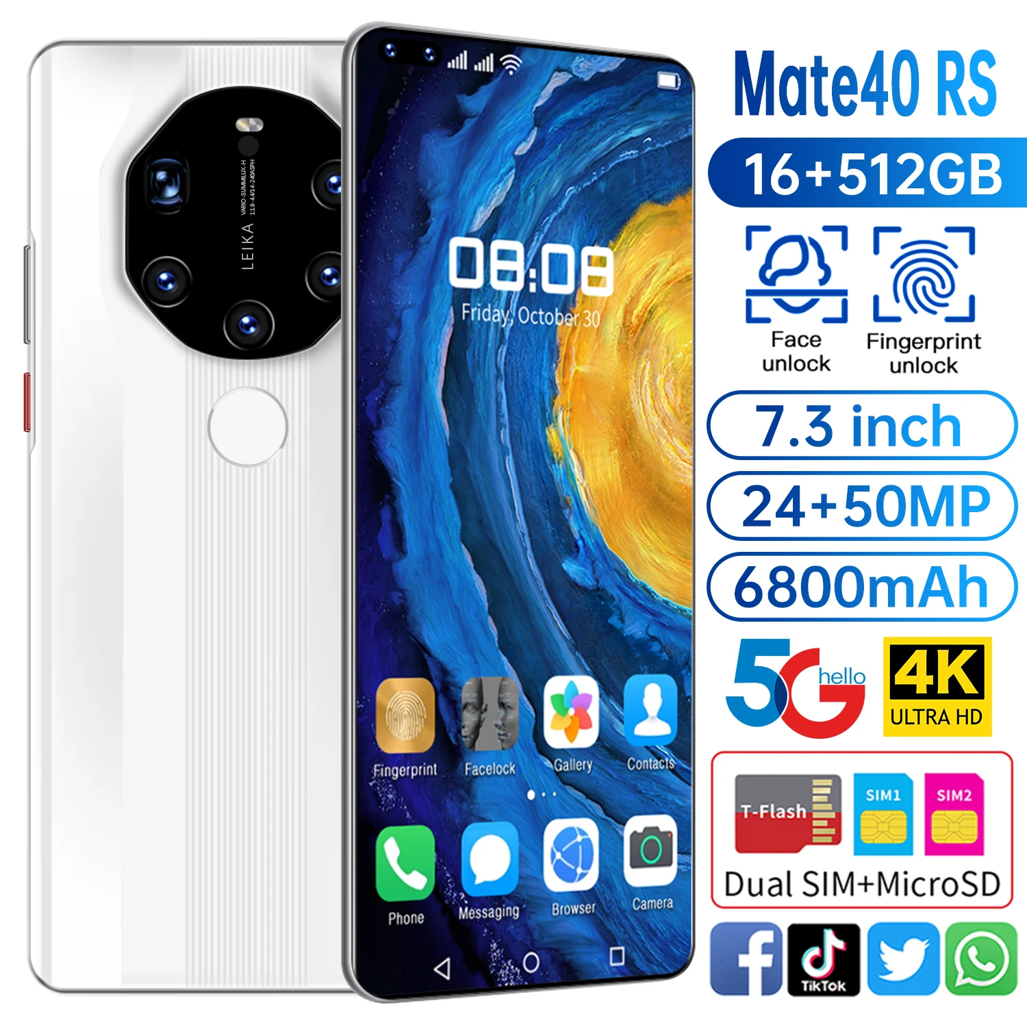 

Huavei Global Version Mate40 RS Smartphone 16GB 512GB 6800mAh Battery 7.3 Inch Screen 24MP 50MP Camera Face ID Snapdragon 888