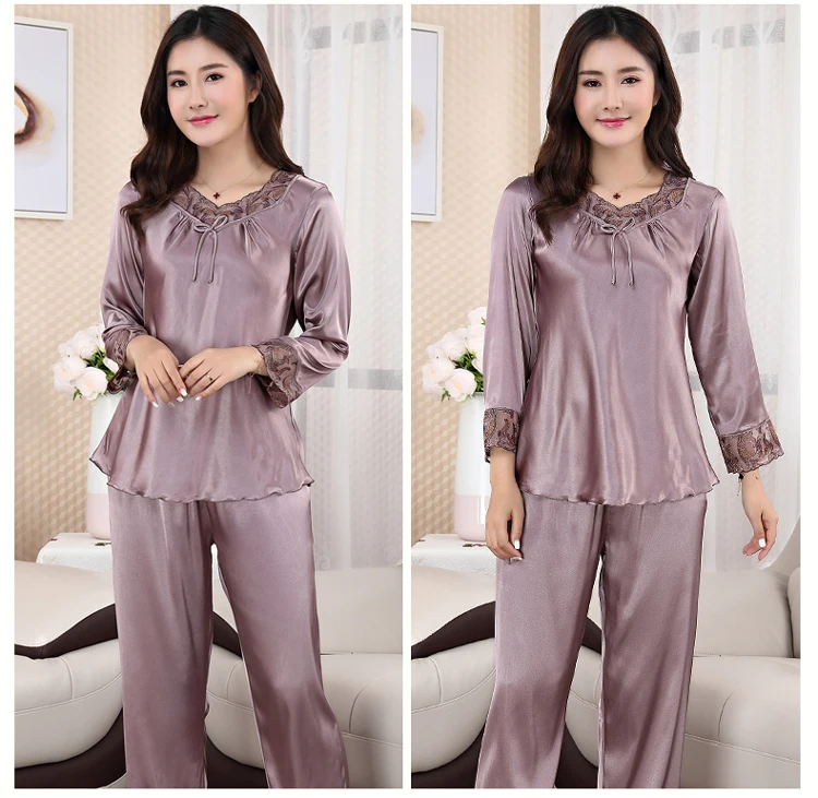 

Women's Silk Like Pajamas Long Sleeve Suit Spring and Autumn New Ice Thin Silk Large Size Household Women's Wear Female Pyjamas