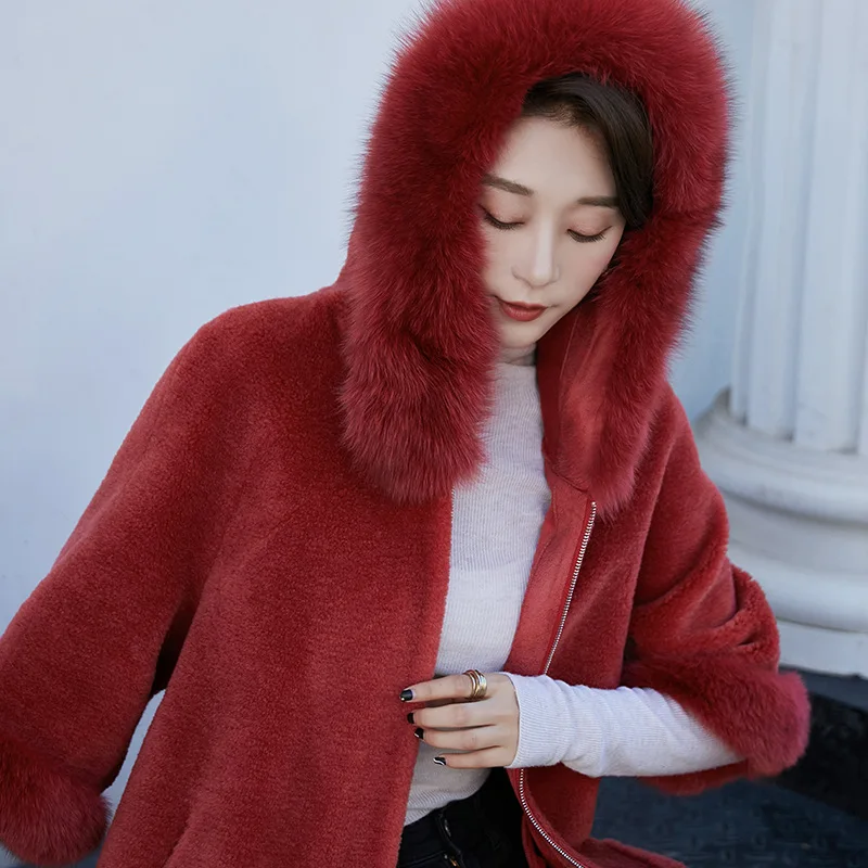 Real Natural  Fox Fur Collar Sheepskin Coat Red Fashion New Hooded Coats Winter High Quality 100% Wool Women's Shearing Jacket