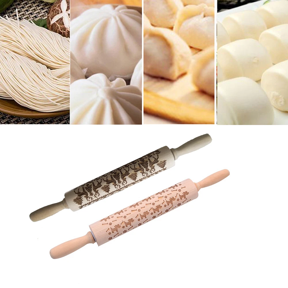 Christmas Design Wooden Rolling Pins Engraved Embossing Roller For Cookies Noodle Biscuit Cake Fondant Making