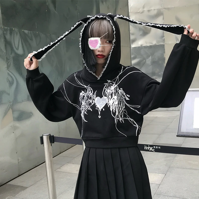 Y2k Harajuku Sweatshirts Gothic Grunge Mechanical Rabbit Ears Hooded Black Hoodie Women Autumn Punk Hoodies Fashion Streetwear | Женская