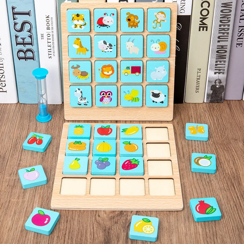 3D Wooden Puzzle Toy Photo Memory Match Chess Board Game Party Early Educational Training Concentration Toys for Children Baby | Игрушки и