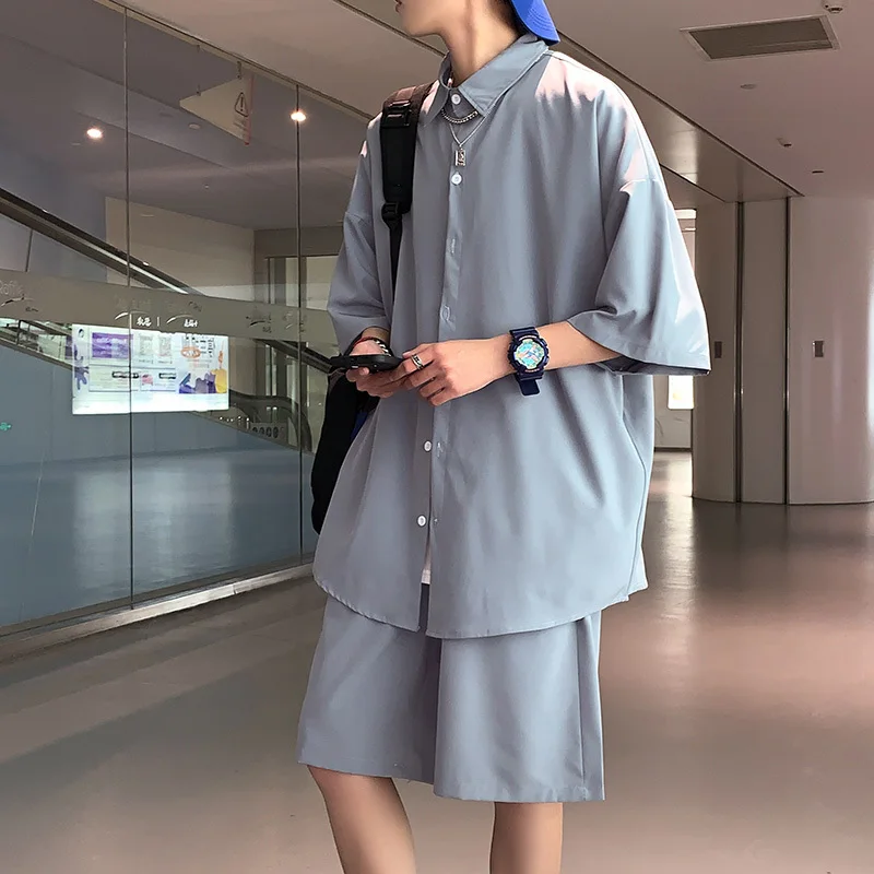 Костюм мужской летний из тонкой рубашки и шортов с коротким рукавом|Мужские