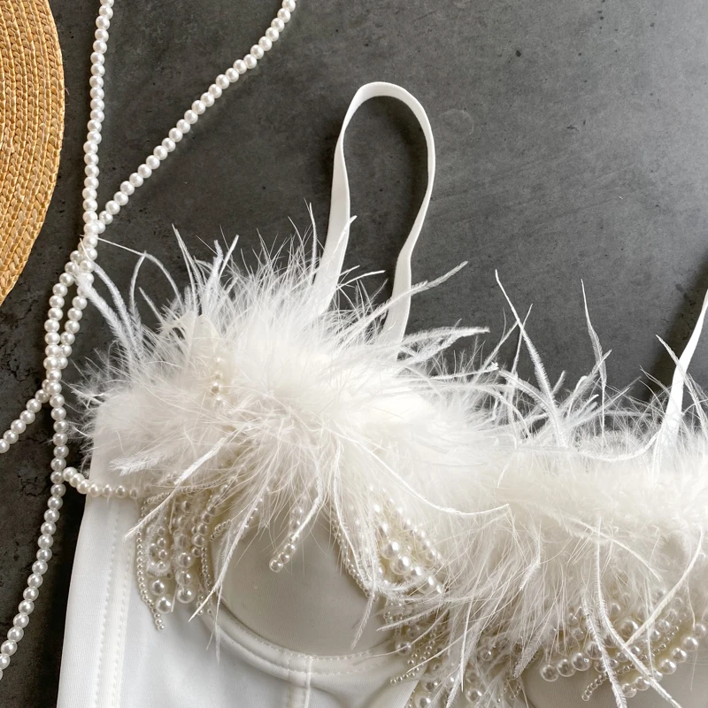 Sexy and Club Style Pearl Tassels and Fur Decorated Spaghetti Strap Top Women Short Design Bra Top TN1750