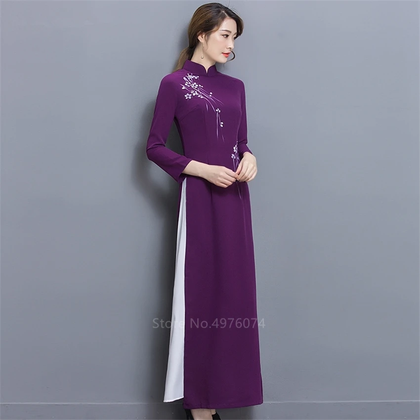 Новые вьетнамские халаты в народном стиле, шифоновое изящное платье Aodai, элегантное, со стоячим воротником, традиционная одежда, цветочный чонсам
