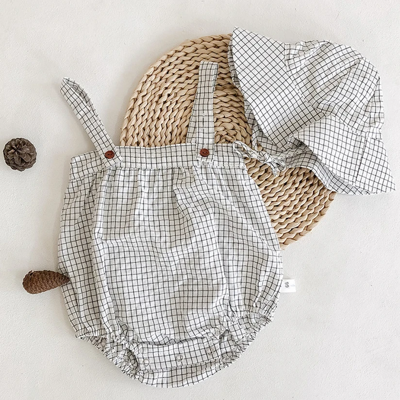 

Toddler Cotton Plaid Baby Romper & Hat Baby Boy Summer Grey Onesie 3 6 9 12 18 24 Month Baby Clothes Set OBS204018