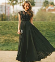 elegant sheer lace black evening dress 2022 capped sleeves chiffon modest prom party gown vestidos fiesta robe de soir%c3%a9e