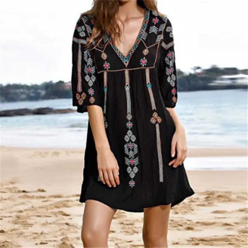 Пляжная хлопковая туника с вышивкой 2020 пляжный купальный костюм Saida de Praia женское