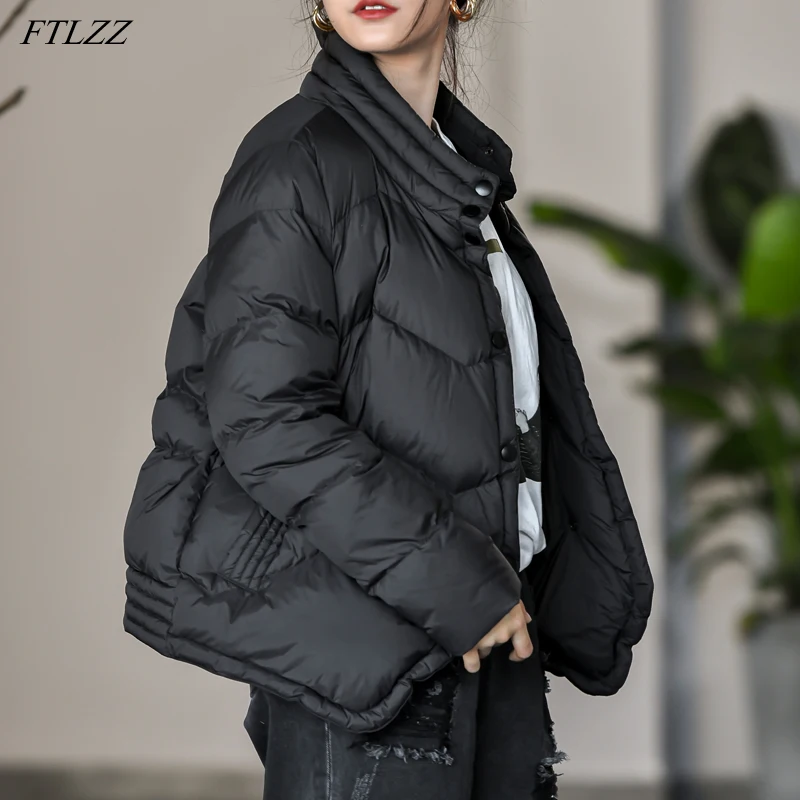 

FTLZZ New Winter Jacket Stand Collar Single Breasted Loose Thick Warm White Duck Down Coat Black Windproof Long Sleeve Outwear