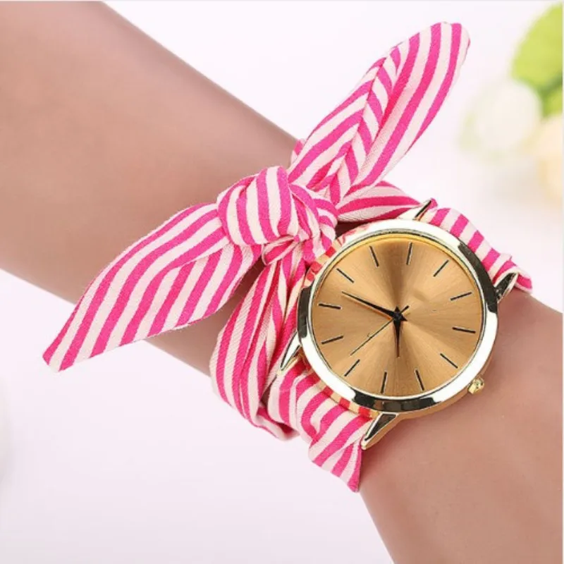 Женские часы, Relojes Mujer, Летний стиль, модные женские часы в полоску, цветочная ткань, кварцевые часы с циферблатом, браслет, наручные часы