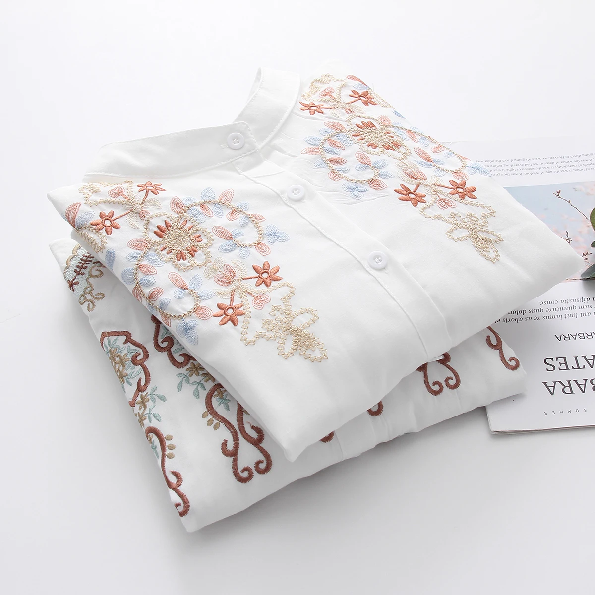 Женские хлопковые топы с длинным рукавом белые рубашки цветочной вышивкой