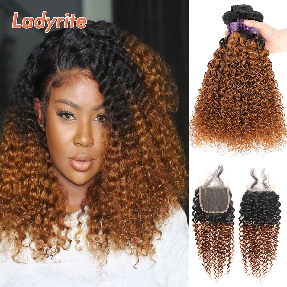 

Ladyrite Ombre Brazilian Kinky Curly Bundles With Closure Remy Human Hair 3 Bundles With Closure 1B/30 Bundles With Lace Closure