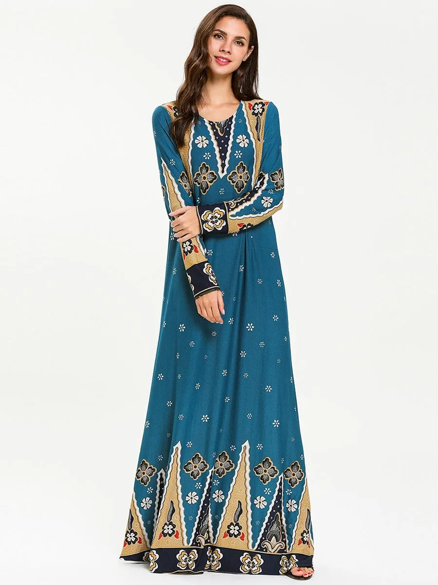 Plus Size Women Arab Muslim Dress Islamic Clothing Print Floral Big Swing Maxi Abaya Dresses Dubai Kimono Musulman Robe |