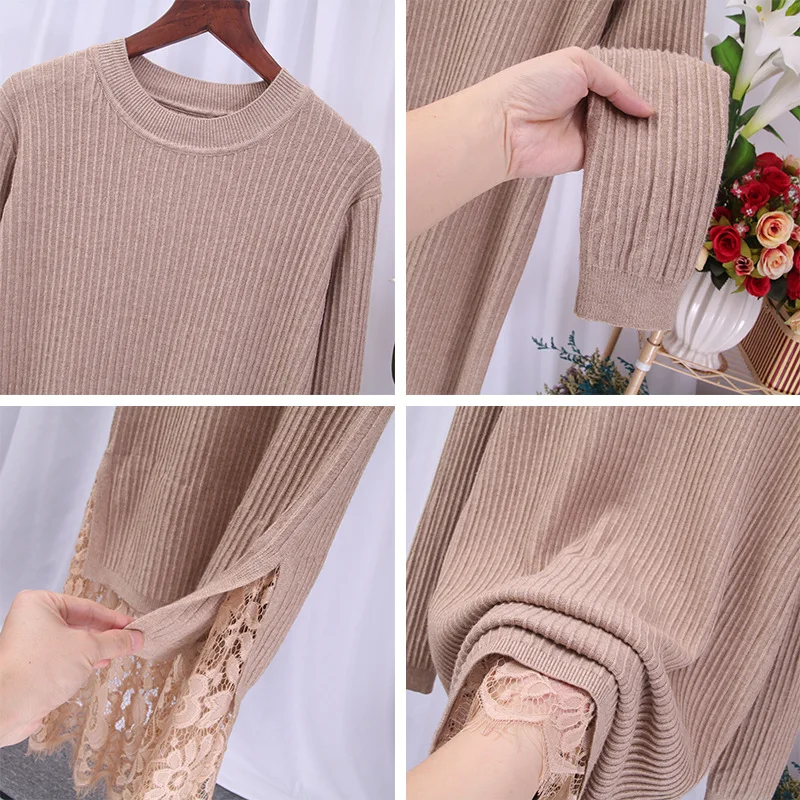 Женское прямое трикотажное платье длинное пуловер с кружевной вышивкой в