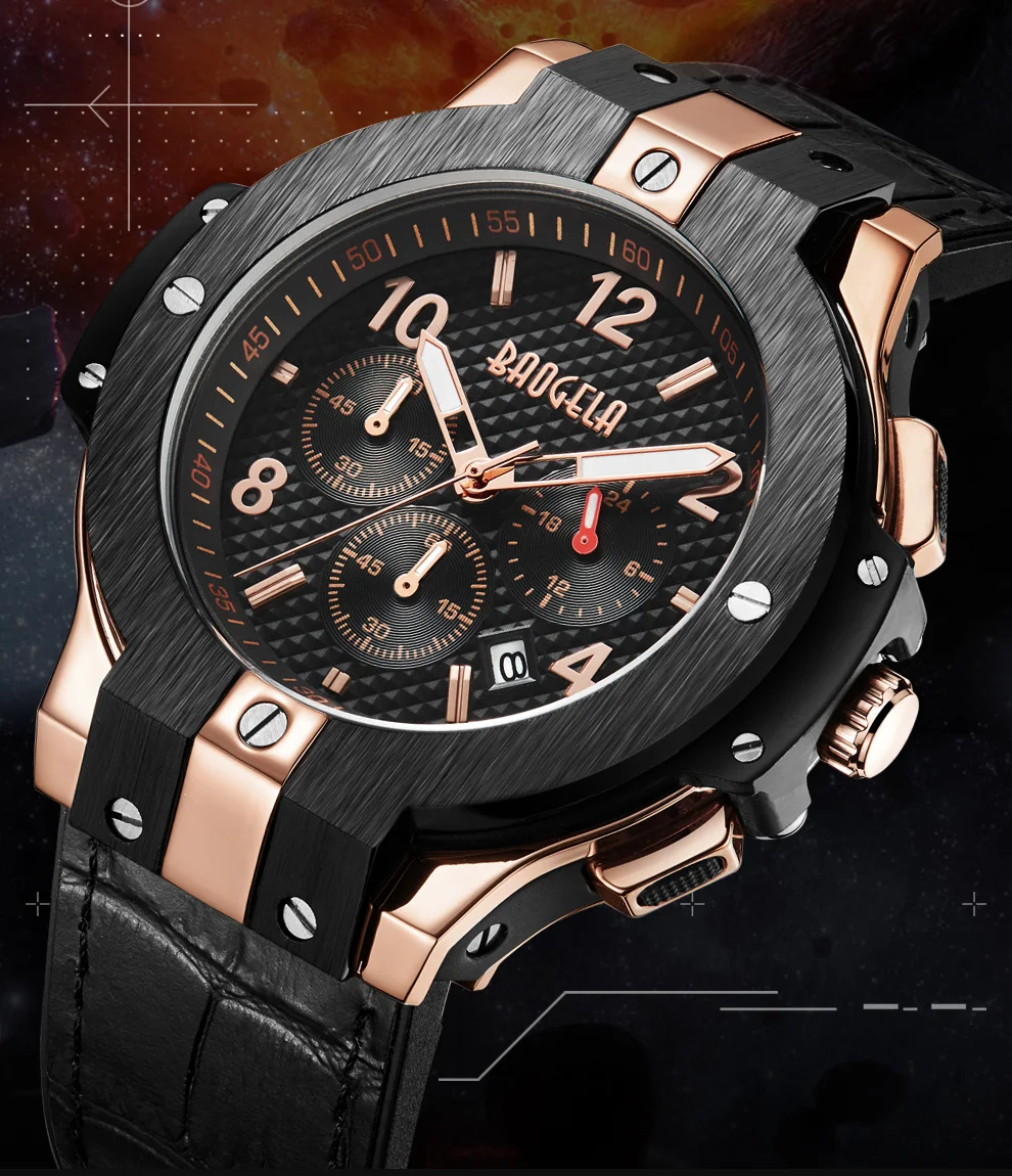 BAOGELA marque hommes montre кварцевые montre или bande de caoutchouc 3ATM rеsistant с chronographe hommes кварц 1909