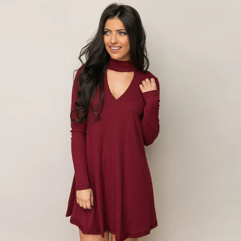 

Платье-Свитер женское однотонное, с V-образным вырезом и длинными рукавами