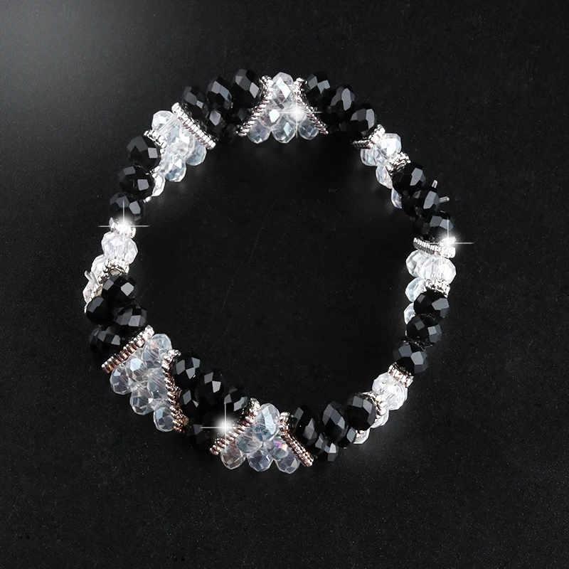 Женский браслет с бусинами и многослойными кристаллами простой изящный черный в