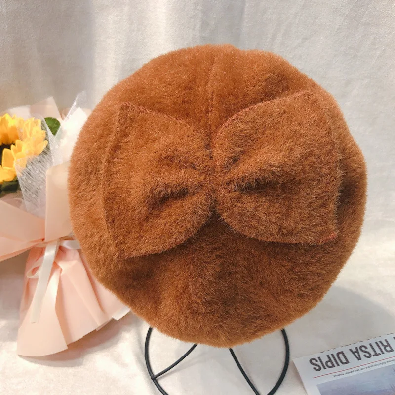 

Кашемировый берет, женская зимняя теплая шапка художника с бантом, однотонная кепка газетчика, уличная восьмиугольная шапка