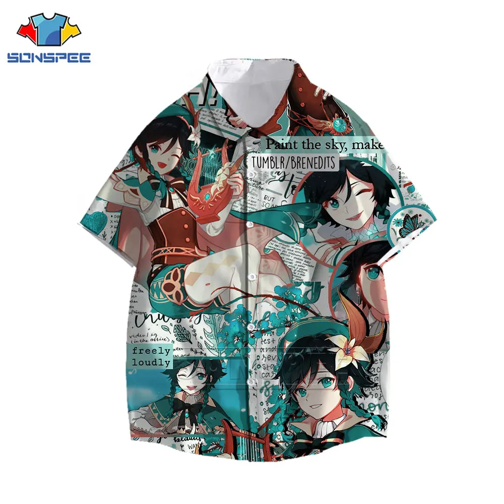 Kawaii Two-dimensional Anime Girl Boy Shirt 3D Print Genshin Impact Game Shirt Casual Ocean Beach Oversized Hawaiian Shirts Tops