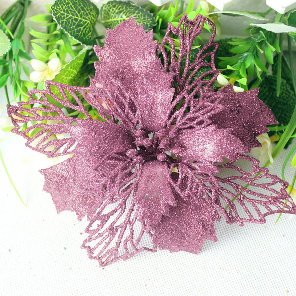 Pink Poinsettia Рождественские цветы искусственные с блестками поддельные цветы домашний декор веселое Рождественское дерево украшения для рождественской елки - Цвет: Pink