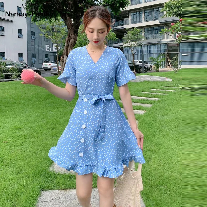 

Summer Women's Printed Forest Dress New butterfly Sleeve Sweet French Flower Dress Mini Short Dress Female GD376