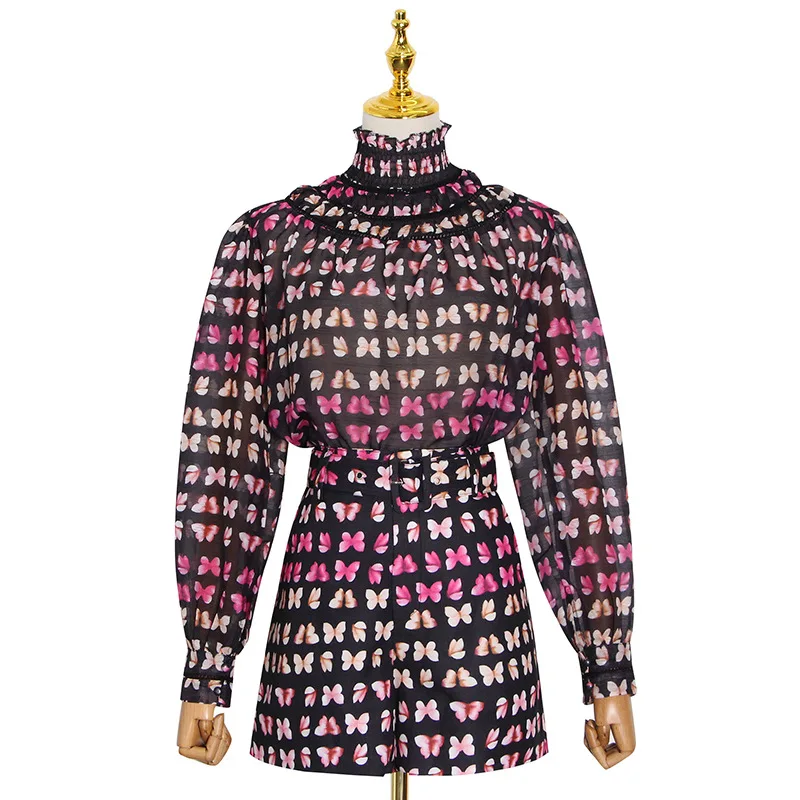 

New fashion temperament elegant collar long sleeve shirt high waist short wide leg pants printed Outfits 83341