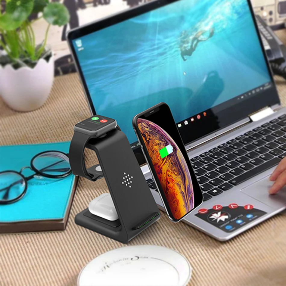 3 in1 Fast Wireless Charger For iPhone 12/11 AirPods Apple Watch 1/2/3/4/5/6 Charging Stand for iWatch Xr/Xs Max | Мобильные