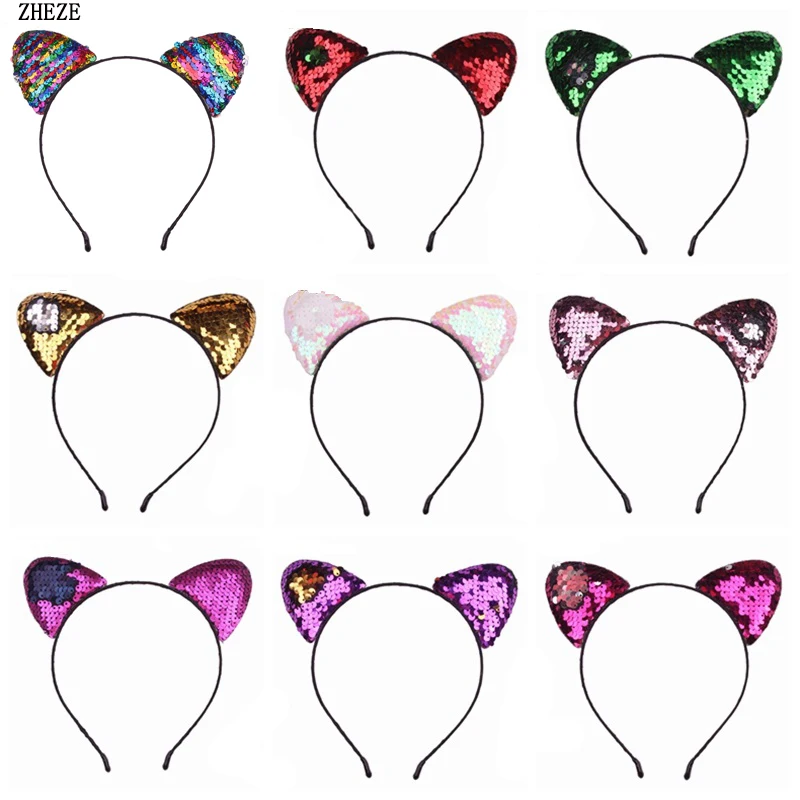 

9Pcs/Lot Double Sides Reversible Sequin Cat Ears Hairband Kids Chunky Glitter Headband Girls Party Hair Accessories