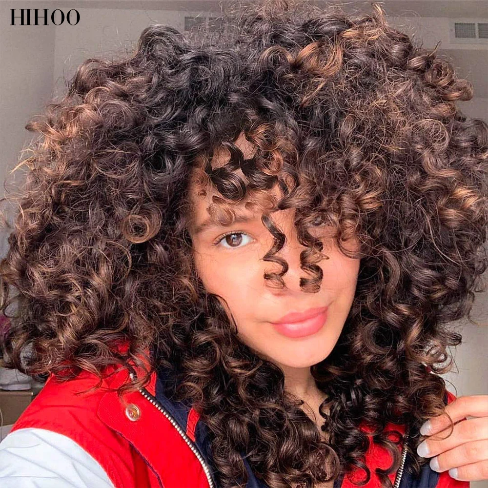

14inch Short Afro Kinky Curly Wig With Bangs Synthetic Ombre Glueless Wigs Heat Resistan Natural Hair For Black Women HIHOO