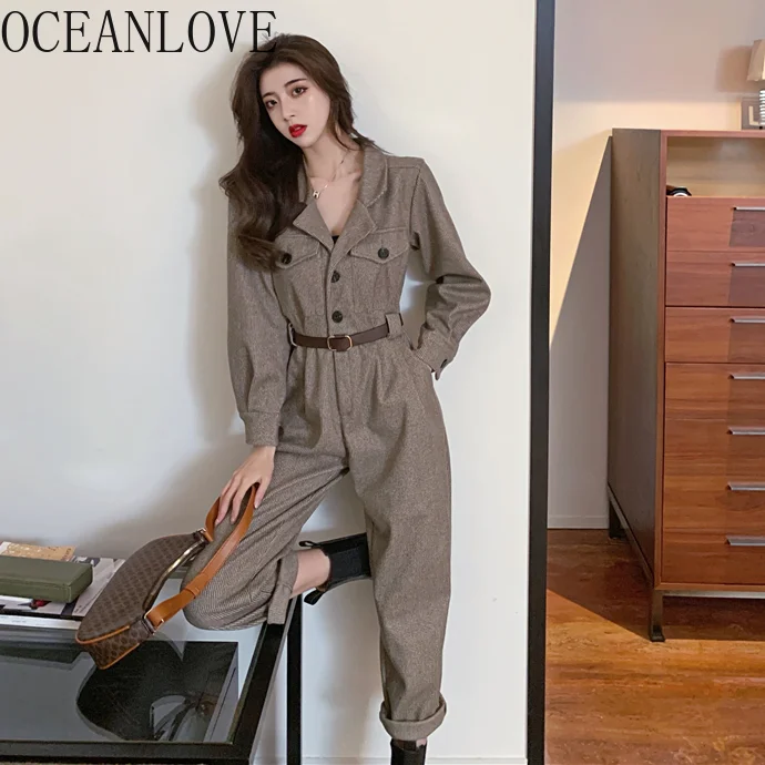 OCEANLOVE Jumpsuits Women Solid Autumn Winter Cargo Korean Vintage Streetwear Bodysuit High Waist Loose Combinaison Femme |