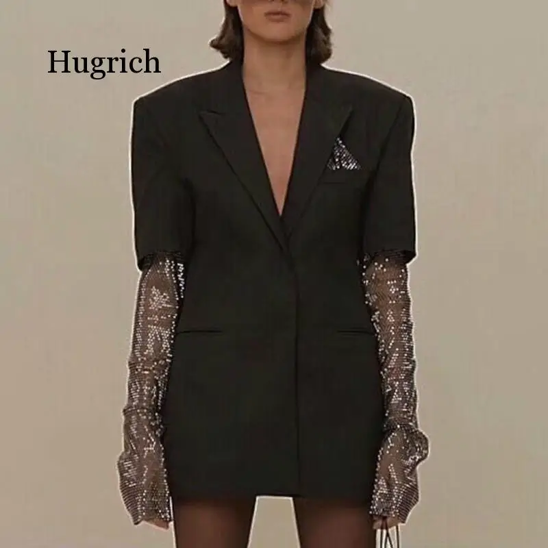 Summer Solid Blazer for Women Long Sleeve Diamond Patchwork Long Elegant Coat Female Fashion Clothing 2021 New