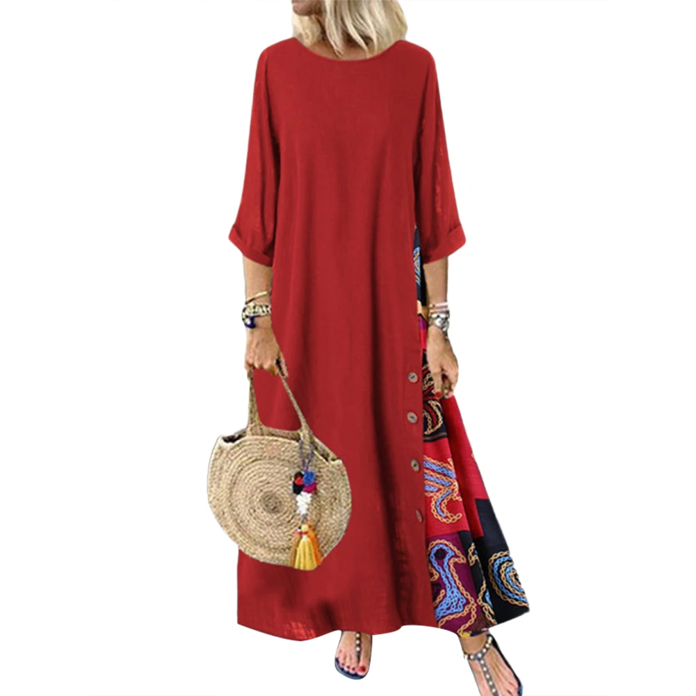 Loose Dress Women Vintage O Neck 3/4 Sleeve Side Buttons Printed Loose Long Dress Women Summer Dress Mom