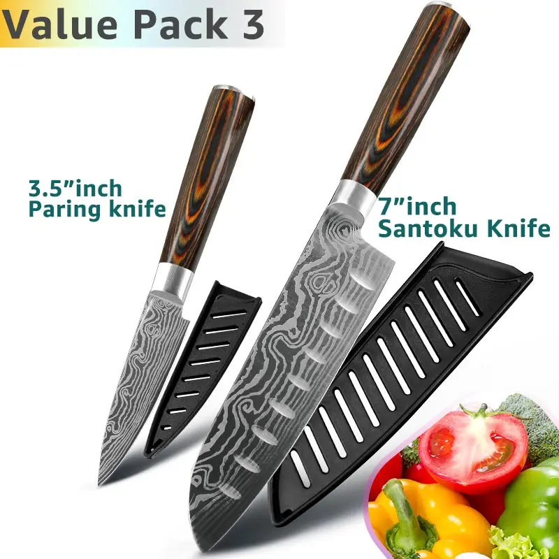 Value Pack 3 Кухонный нож 8 дюймов, японские ножи шеф-повара 7CR17 440C из высокоуглеродистой нержавеющей стали, дамасский чертежный универсальный набор сантоку, Кливер - Цвет: Value Pack 3