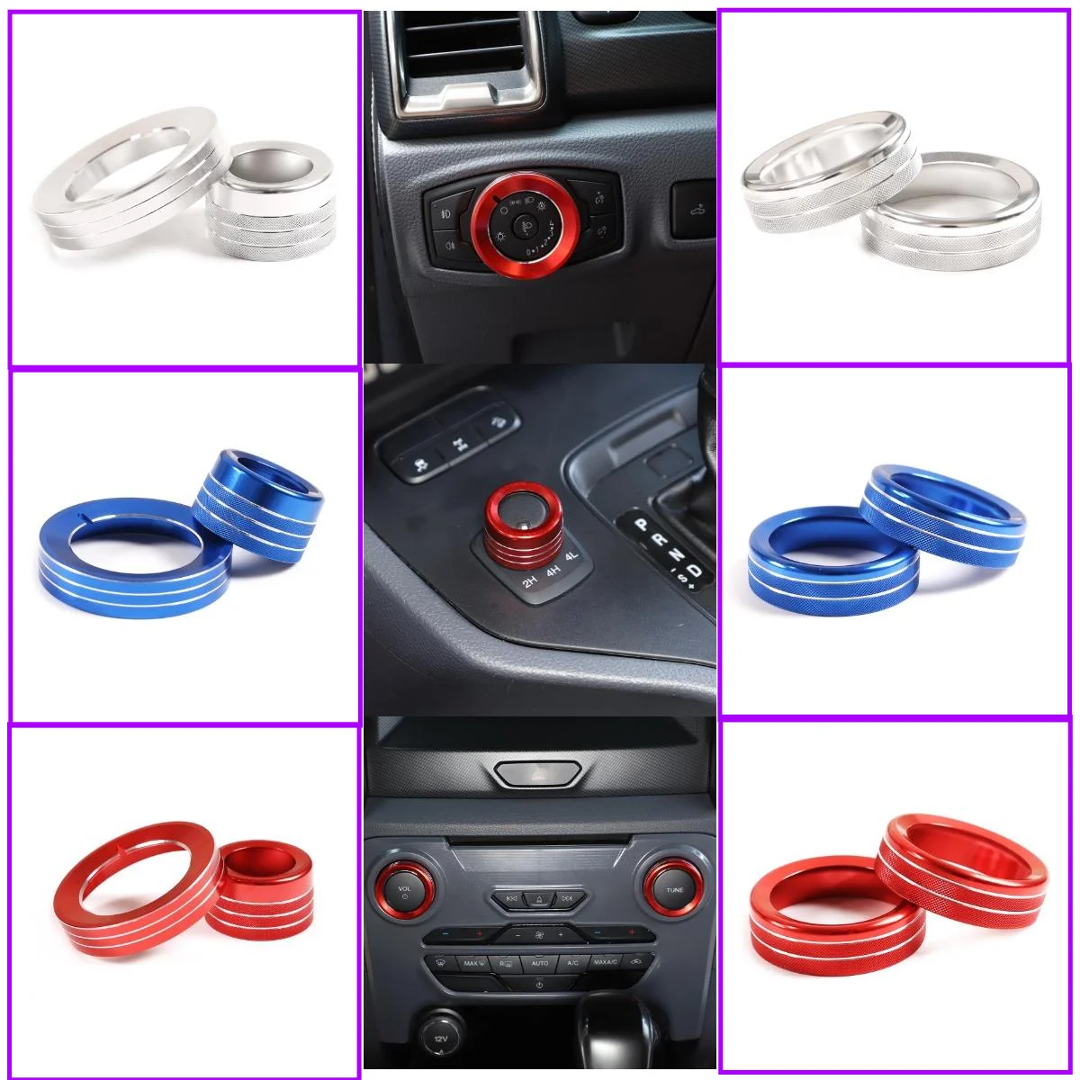 

For Ford Ranger 2015-2018 Aluminum Alloy Interior Knob Volume Media / Headlight Switch / Four-Wheel Drive Knob Ring Cap Cover