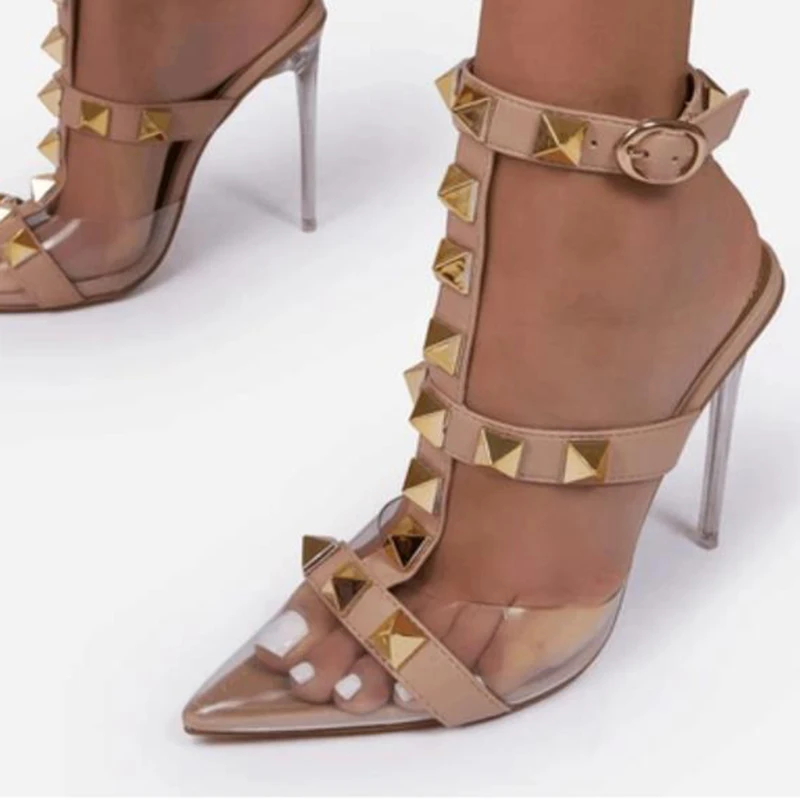 

Gladiator Women Sandals Sexy Plus Size 41 Pointed Transparent Rivet Stiletto Buckle Crystal High Heels Wedding Rome Shoes Women