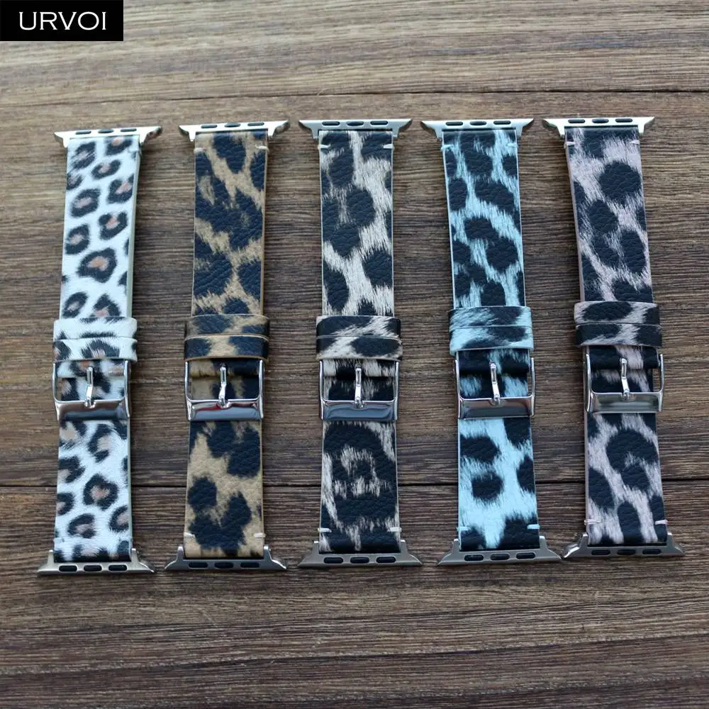 Кожаный ремешок URVOI для Apple Watch series 7 6 SE 5 4 3 2 1 с принтом iWatch ПУ кожа Леопардовый узор