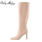 Onlymakerвесенние женские сапоги до колена с острым носком; Матовые розовые высокие сапоги с крокодиловым принтом на не сужающемся книзу массивном высоком каблуке; Милые осенние выразительные сапоги