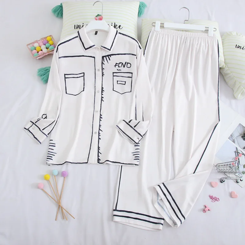 

2 Pieces Sets Cartoon Nightwear Women Pajamas Home Clothes Thin Autumn Sleepwear Sexy Lapel Home Clothes Long Sleeve Loungewear