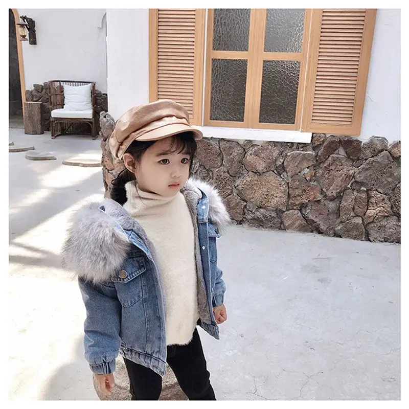 

Girls Boys Fur Jacket kids Denim Coat Winter Baby Hooded Outerwear Toddler Girls Denim Jacket Cotton Padded Girl Parka TZ663