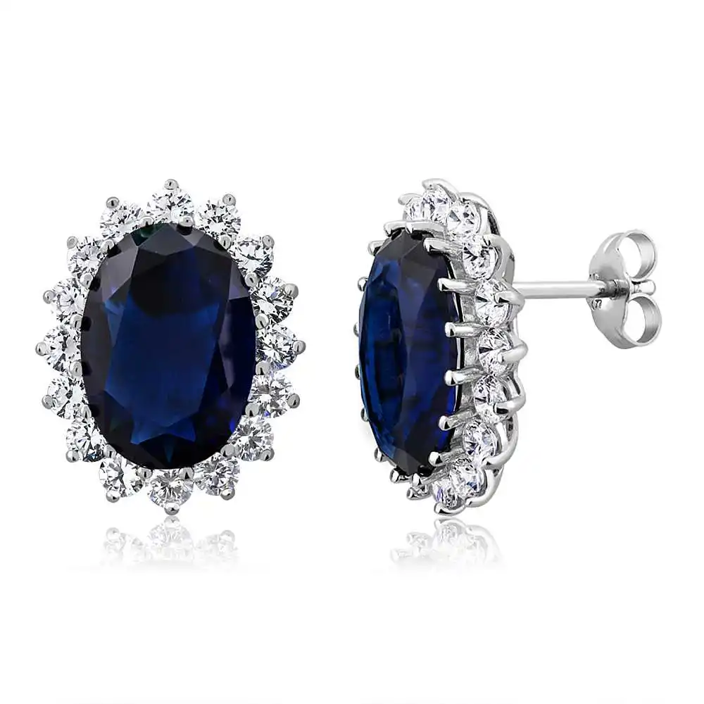 GemStoneKing Princess серьги Диана 15 00 карат Овальные Синие имитация сапфира и циркония 925