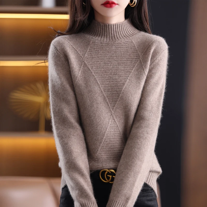 Half High Neck Cashmere Sweater Women's Autumn And Winter New Style 100 Wool Loose Knit Long-Sleeved Sweater All-Match  Slim Fit