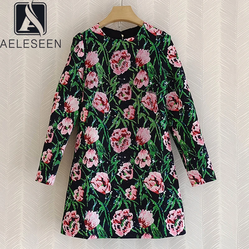 

AELESEEN Fashion Designer Autumn Spring Dress Women Green Flowers Printed Single Breasted Beading Loose High Quality Dresses