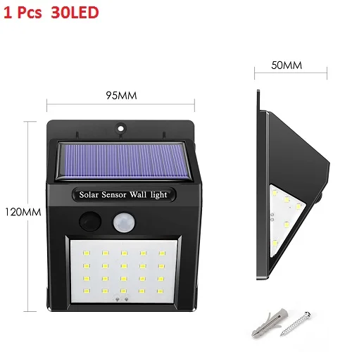 1pc 30LED 30/100 светодиодный настенный светильник с датчиком движения на солнечной батарее, уличный водонепроницаемый светильник для безопасности во дворе, светодиодный светильник на солнечной батарее для улицы, сада, патио - Испускаемый цвет: 1pc 30LED