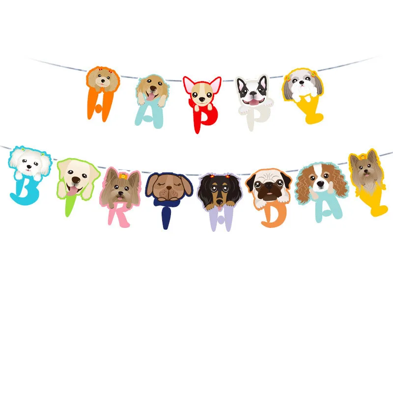 Cartoon cute animal banner bunting dog cat kitten with hat pull flag paper garland children birthday party decoration | Дом и сад