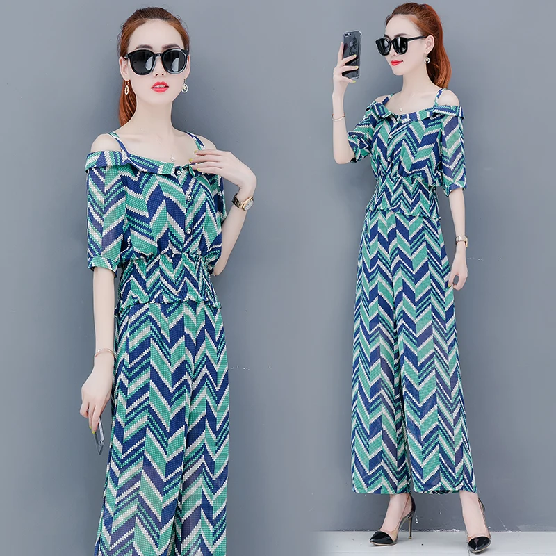 

2020 Summer new women's chiffon wear blouse trousers wide-legged pants suit lady print two-piece outfit loose set clothing
