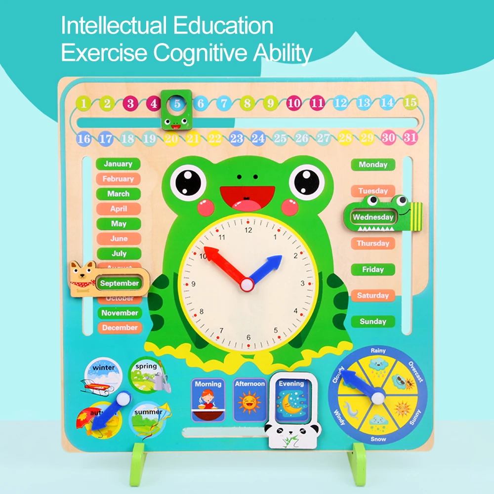 

Enducational Timing Learning Tool Multi-Functional Wooden Clock Time Month Date Season Weather for Kids Children Preschoolers