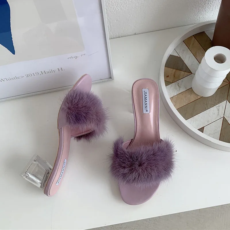 Женские босоножки с натуральным мехом сандалии из меха норки на квадратном