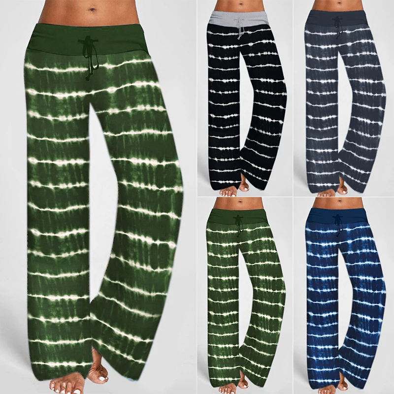 

Ladies Fashion Thin Straight High Waist Stretch Pants Horizontal Printed Solid Color Elastic Waist Wide Leg Pants For Women