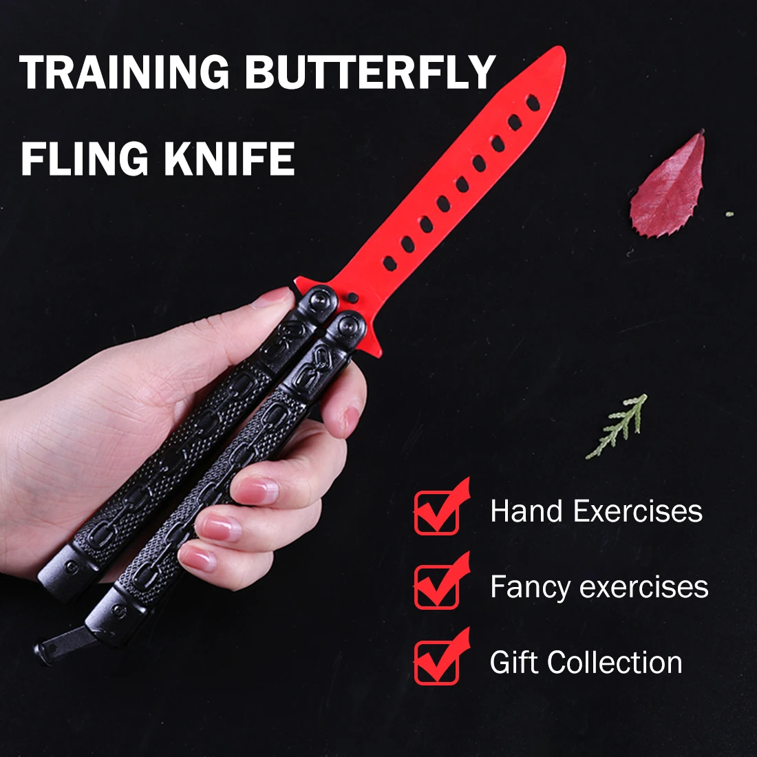 

230 mm Stainless Steel Butterfly Style Dull Blade Knife Tool Outdoor Trainer Training Practice Go Practice Red Blade Chain Knife